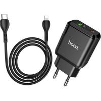 Зарядний пристрій HOCO N5 Favor dual port PD20W+QC3.0 (cable C to iP) Bla Фото
