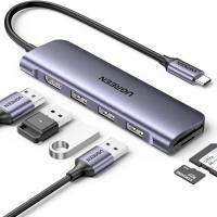 Концентратор Ugreen USB-C 6-in-1 3xUSB 3.0 + HDMI 4K@30Hz + SD/TF silv Фото