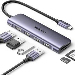 Концентратор Ugreen USB-C 6-in-1 3xUSB 3.0 + HDMI 4K@30Hz + SD/TF silv Фото